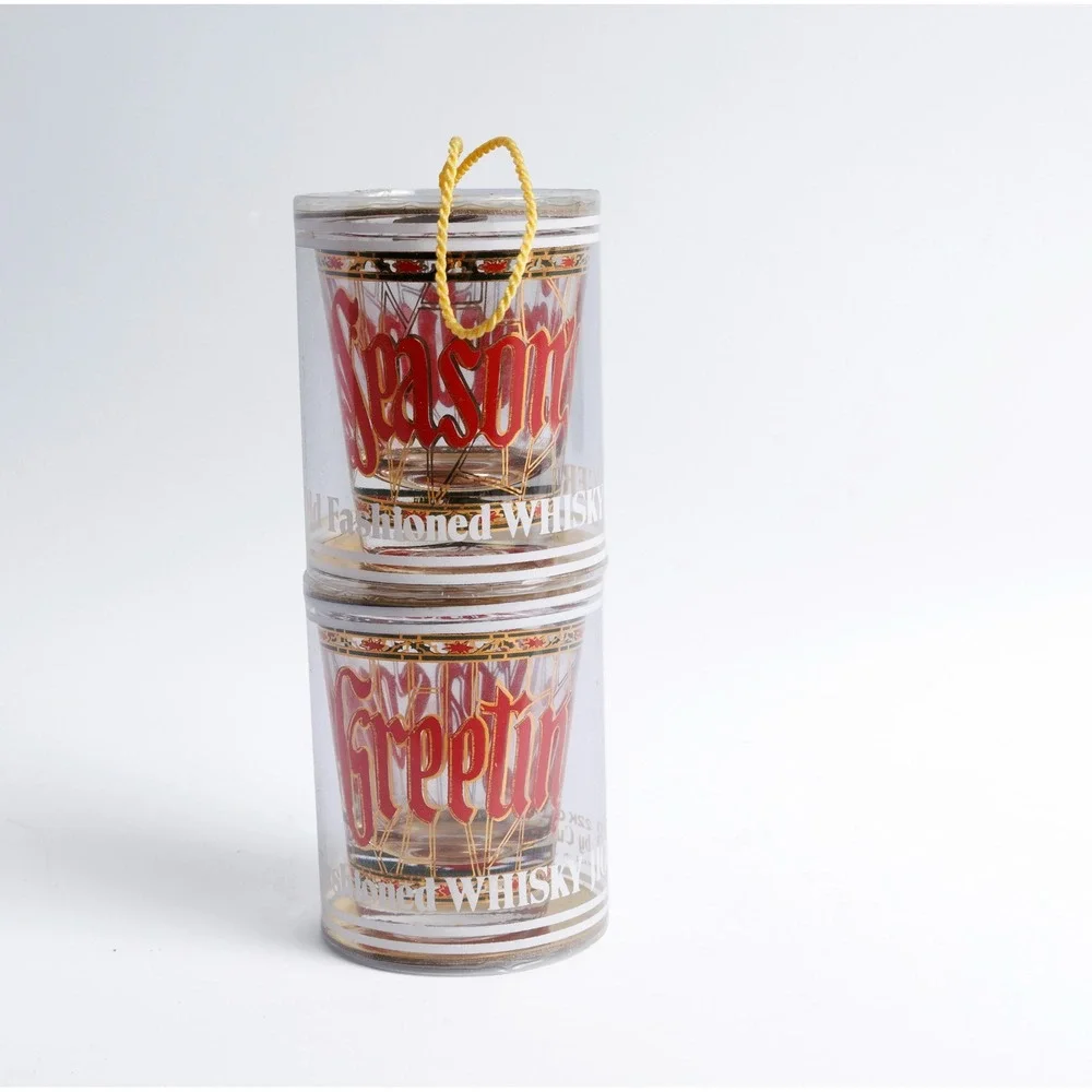 Vintage Culver Seasons Greetings Whiskey Shot Glasses 22K Gold 1980s Set of 2